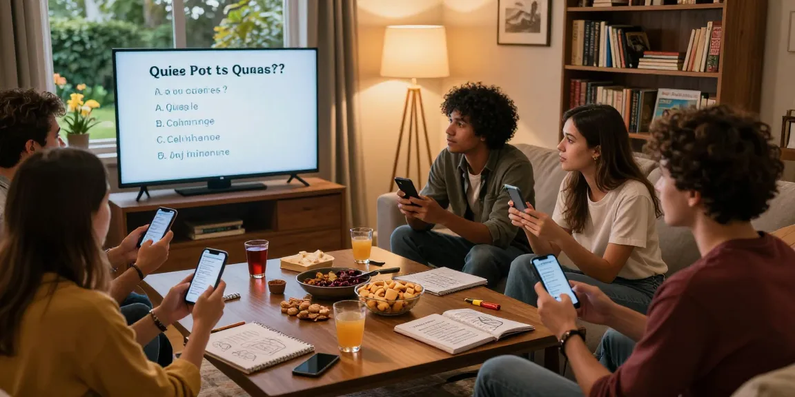 Begeisterte Freunde bei einem Quiz Allgemeinwissen in einem gemütlichen Wohnzimmer.