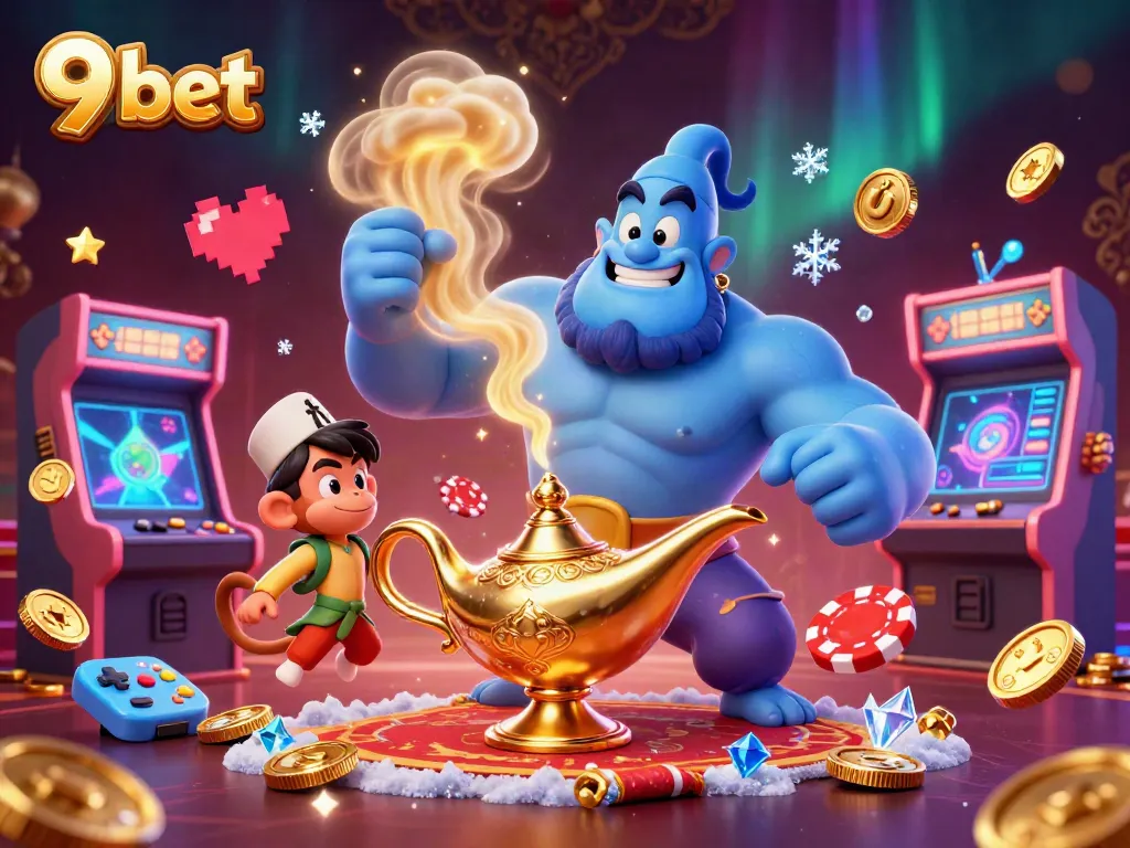 Experience thrilling gaming action at 9 bet with the vibrant 3D illustration featuring a genie and poker chips.