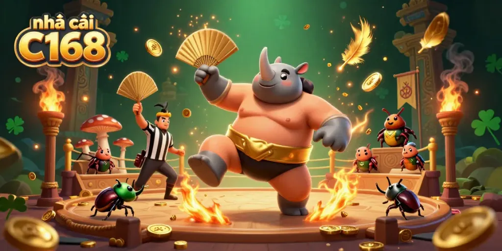 Experience the excitement of nhà cái C168 with a dynamic sumo beetle champion amidst gold coins and vibrant action!