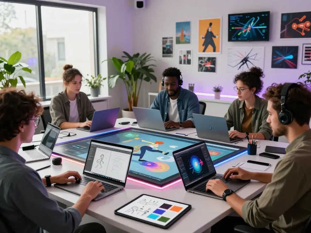 Digital artists collaborating in a motion control AI studio, showcasing creativity and technology.