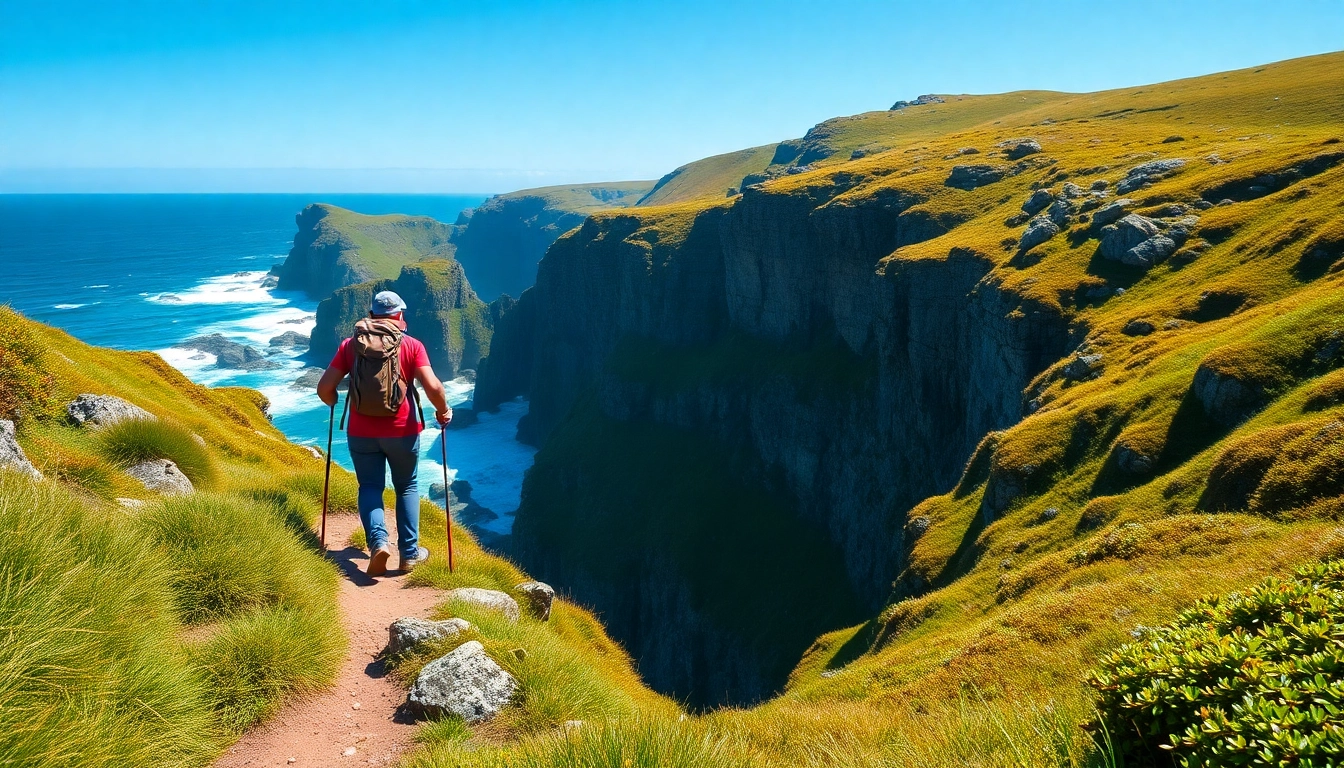Wanderer auf dem Dingle Way Irland, umgeben von spektakulären Küstenlandschaften und grünem Gelände.