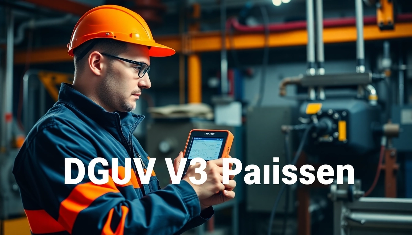 Technician performing a DGUV V3 Prüfung on electrical equipment, showcasing attention to safety and standards.