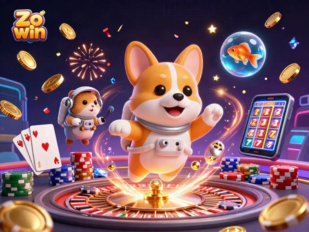 Experience thrilling gameplay at Zo win in a vibrant 3D casino scene with floating characters and exciting elements.