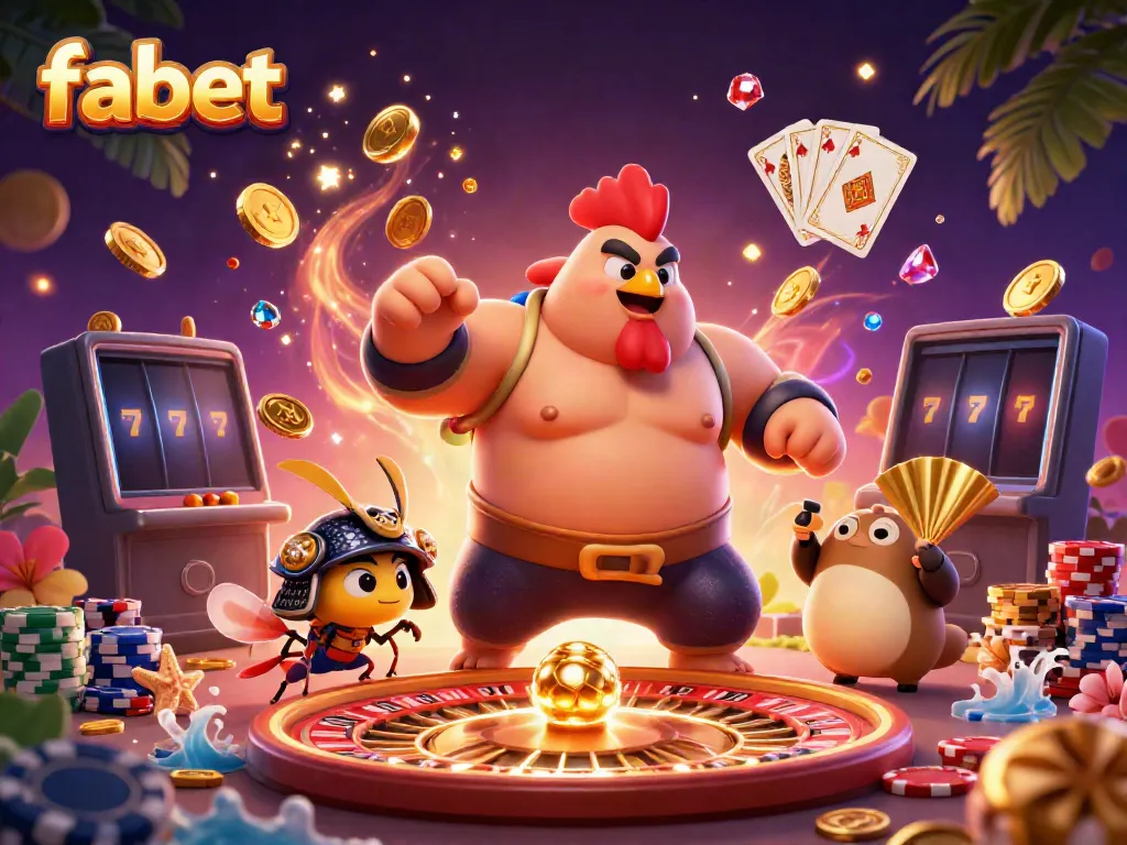 Experience thrilling winnings at fabet with cartoon sumo wrestler, cricket, and tanuki in a dynamic casino scene.