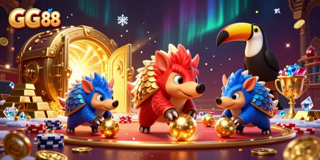 Bowling pangolins roll poker chips in a lively GG 88 casino scene with treasures shining bright.