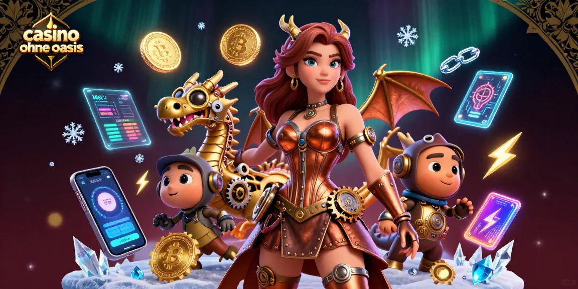 Engage in thrilling adventures with casino ohne oasis featuring a stunning woman and a clockwork dragon amid dynamic crypto elements.