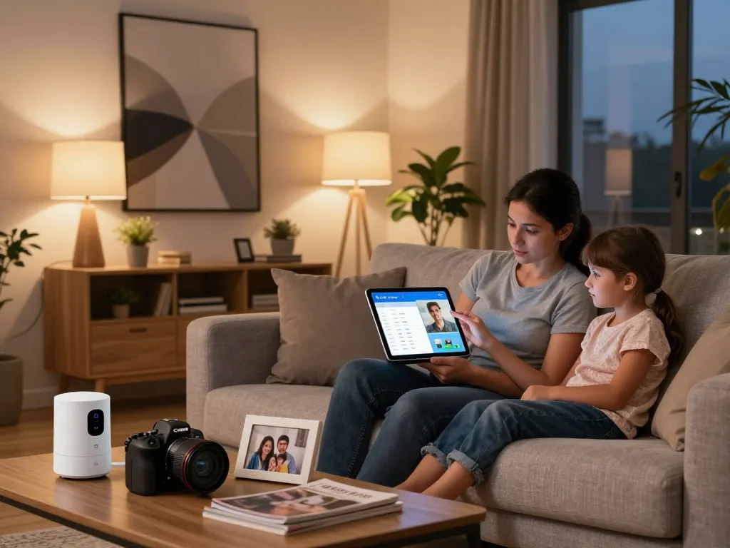 Familie verwendet die Ajax Alarmanlage App in einem modernen Wohnzimmer zur Haussicherheit.