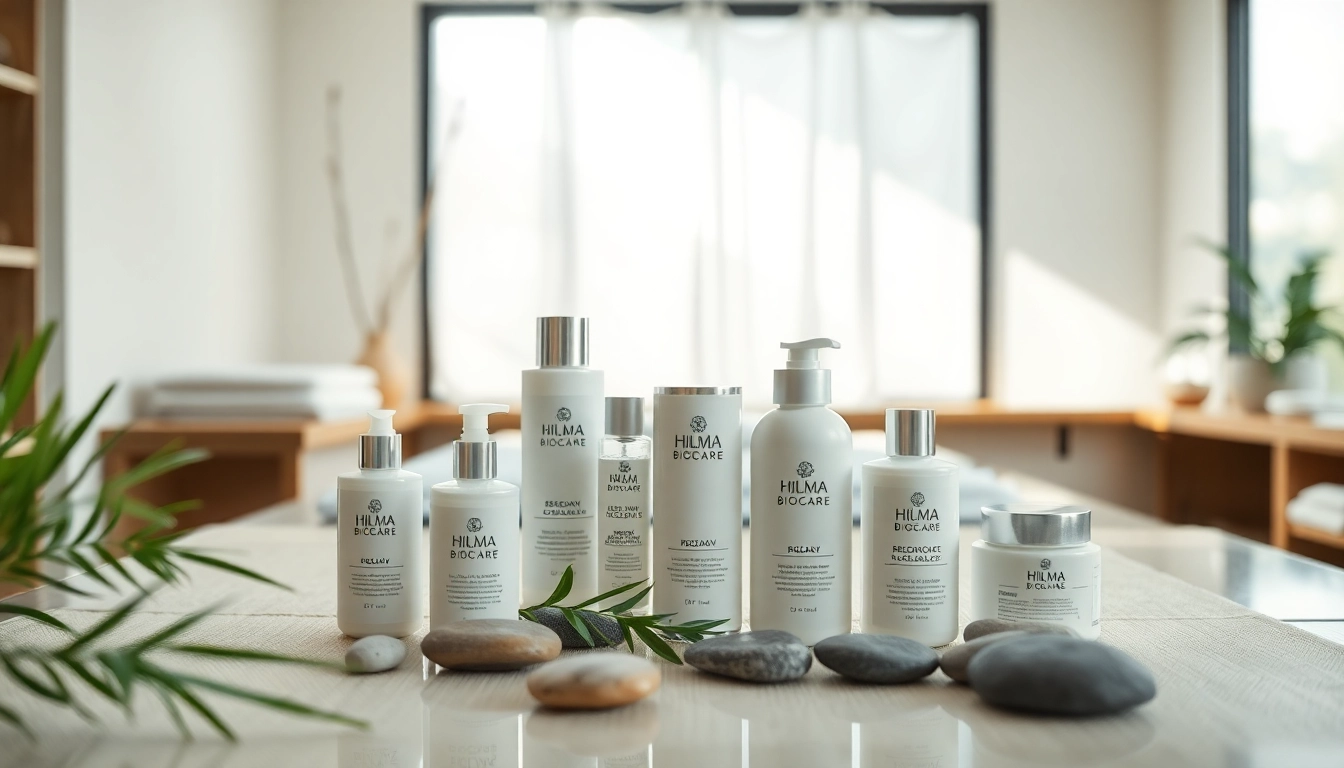 Hilma Biocare Produkte auf einem stilvollen Wellness-Tisch mit natürlichen Elementen.
