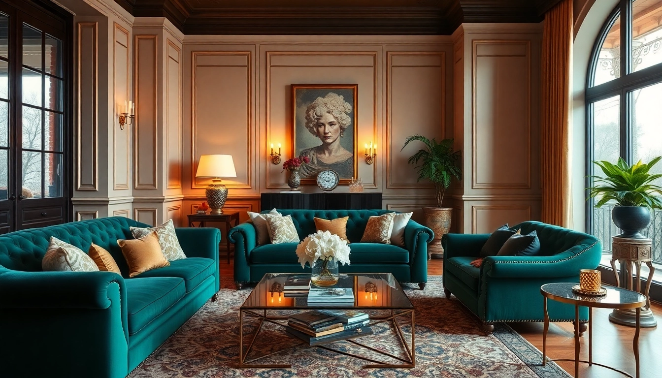 Luxury living room featuring an emerald velvet sofa and elegant decor that evokes sophistication.