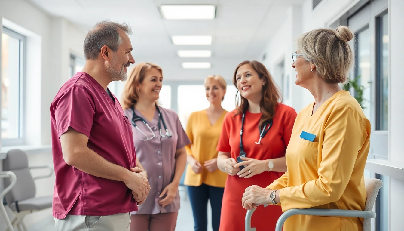 Pflege Marketing: Engagiertes Pflegepersonal in einer modernen Einrichtung, das mit Patienten kommuniziert.