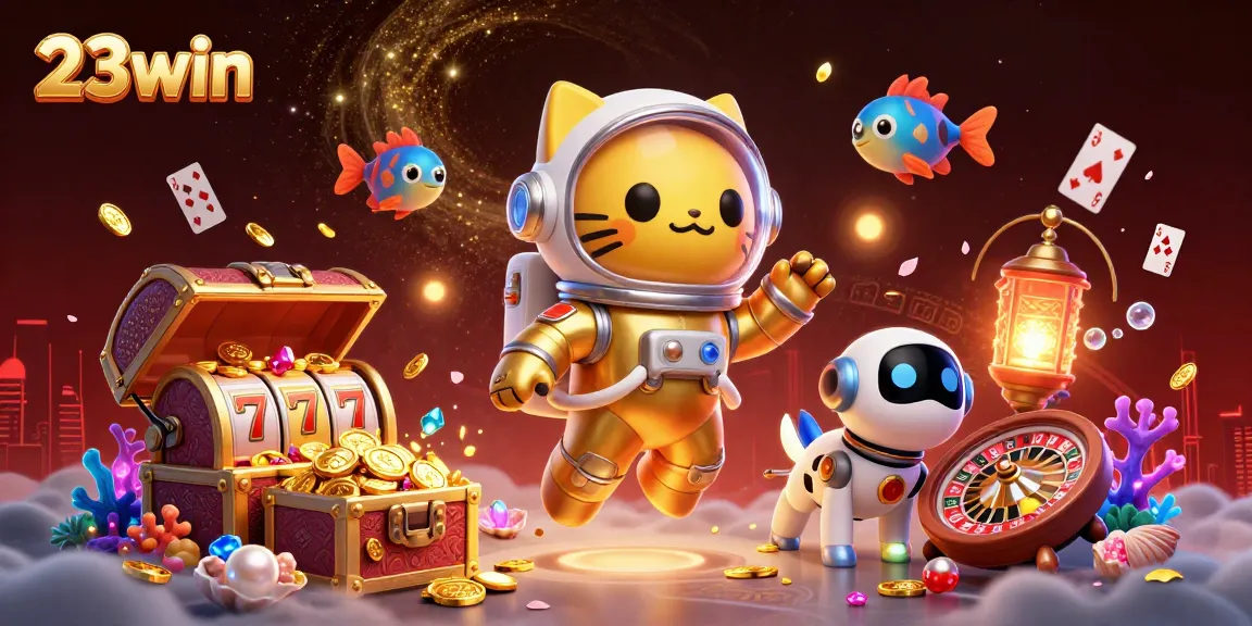 Experience the thrill of 23win with a joyful astronaut cat and fun gaming elements in a vibrant casino scene.