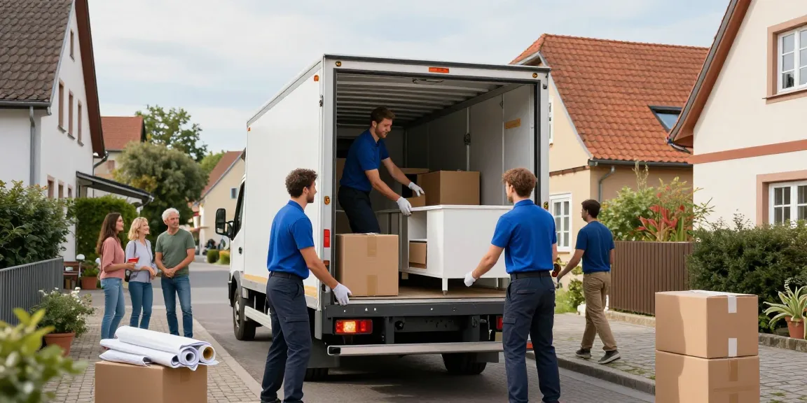 Professionelles Umzugsunternehmen Bruchsal lädt Möbel in Umzugswagen, Familienatmosphäre, sorgfältig geplant.