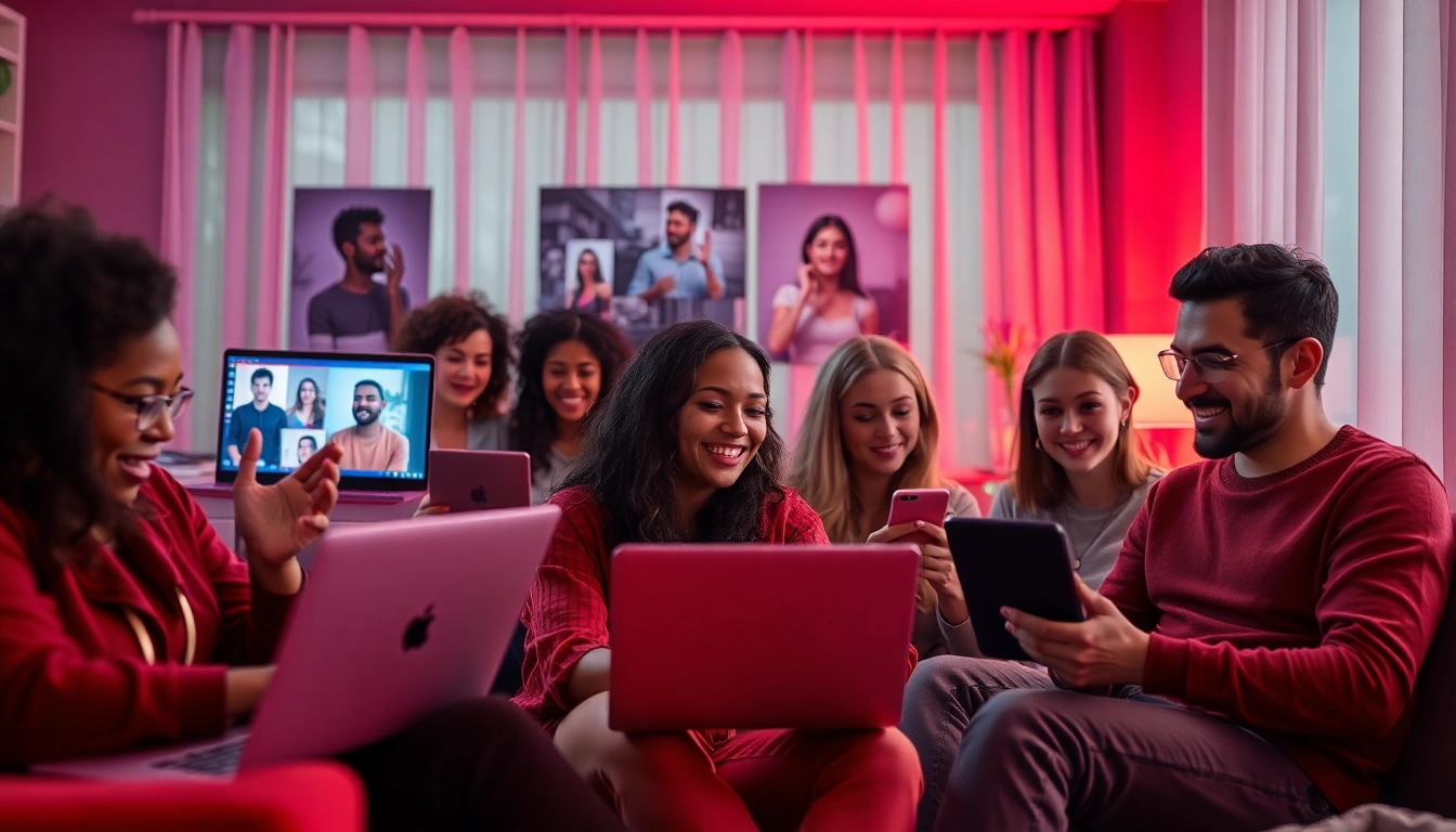 Dynamic online sex chat scene with diverse adults engaged on devices, showcasing vibrant interactions.