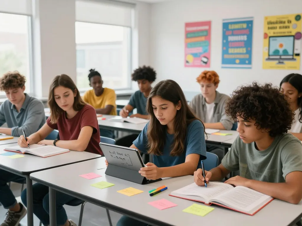 Studierende, die in einem hellen Klassenraum mit Hausaufgaben Löser an kollaborativem Lernen arbeiten.
