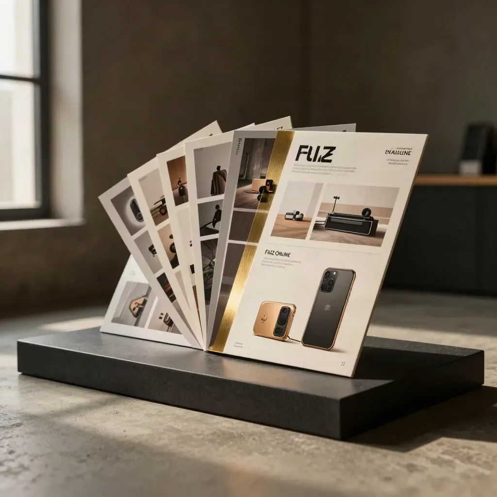 Projektkarten und Geräte-Mockups auf dunklem Plinth im warmen Licht