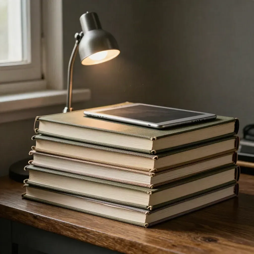 Nahaufnahme von gestapelten Notizbüchern, Tablet und Lampe im Blogbereich, dramatisch beleuchtet.