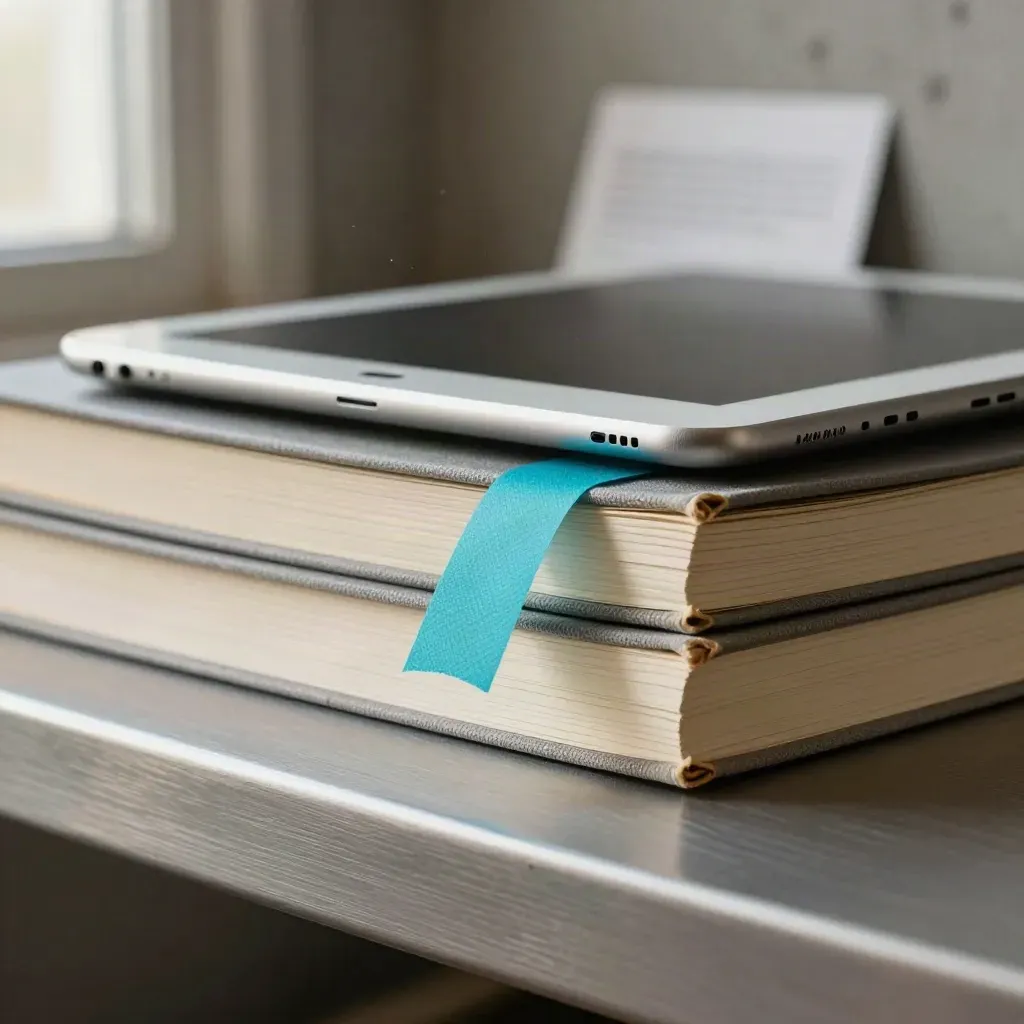 Notizbuchstapel mit Tablet und cyanfarbenem Lesezeichen in dramatischem Licht