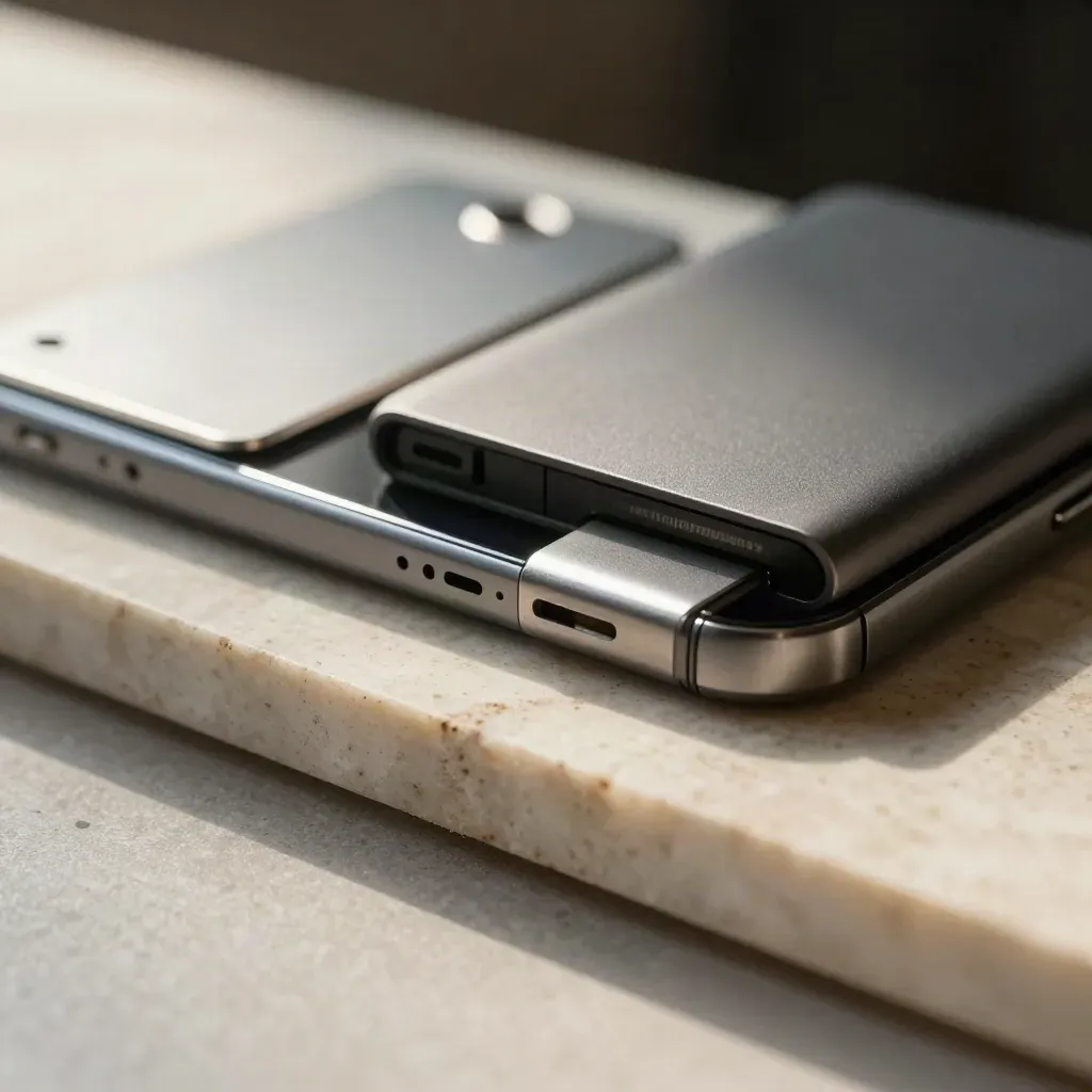 Makro von Smartphone, SSD, Keycard und Adapter auf Travertin