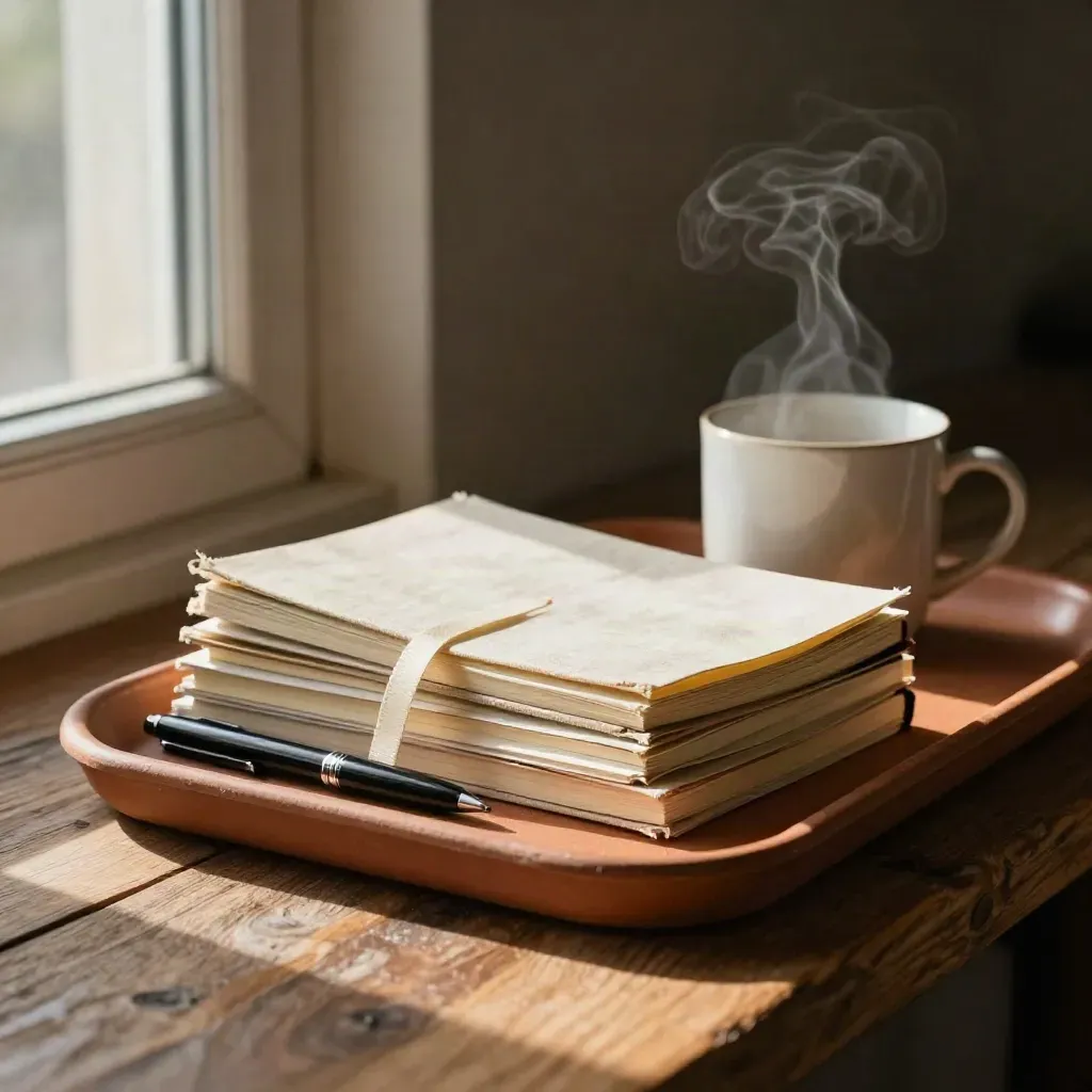 Gestapelte Notizbücher, Lesezeichenband, Stift und dampfende Keramiktasse auf Terrakotta.