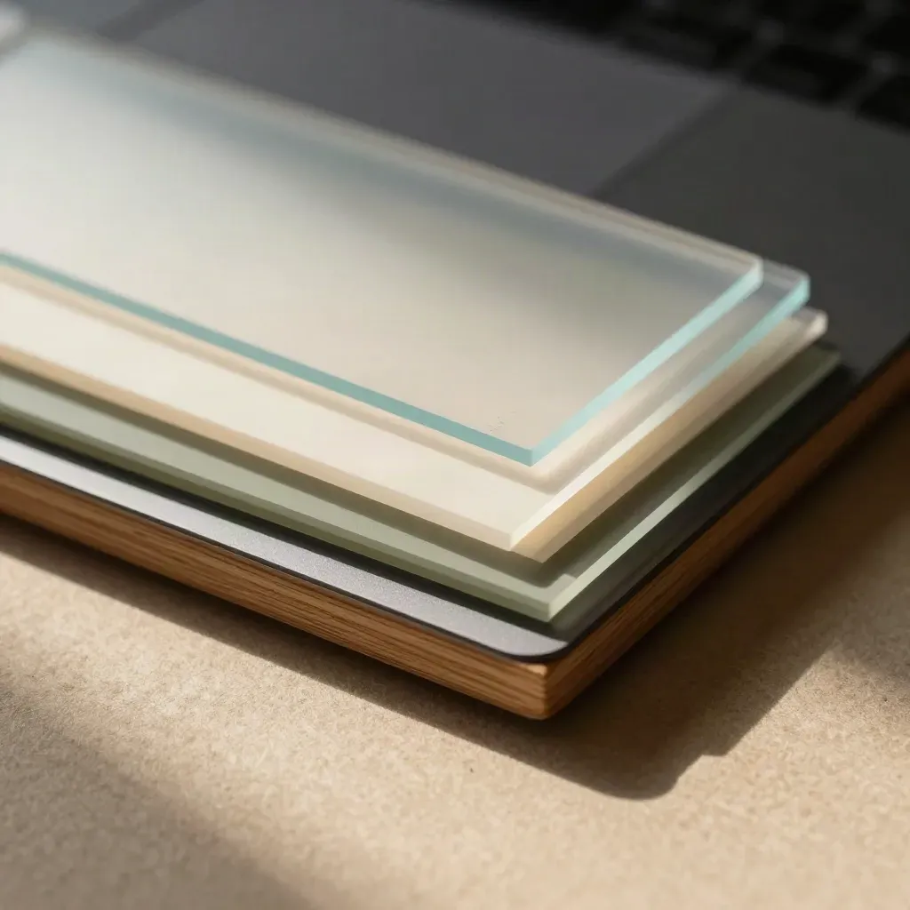 Makro eines Webdesign-Materialboards mit Acrylmustern, Trackpad und Farbkarten