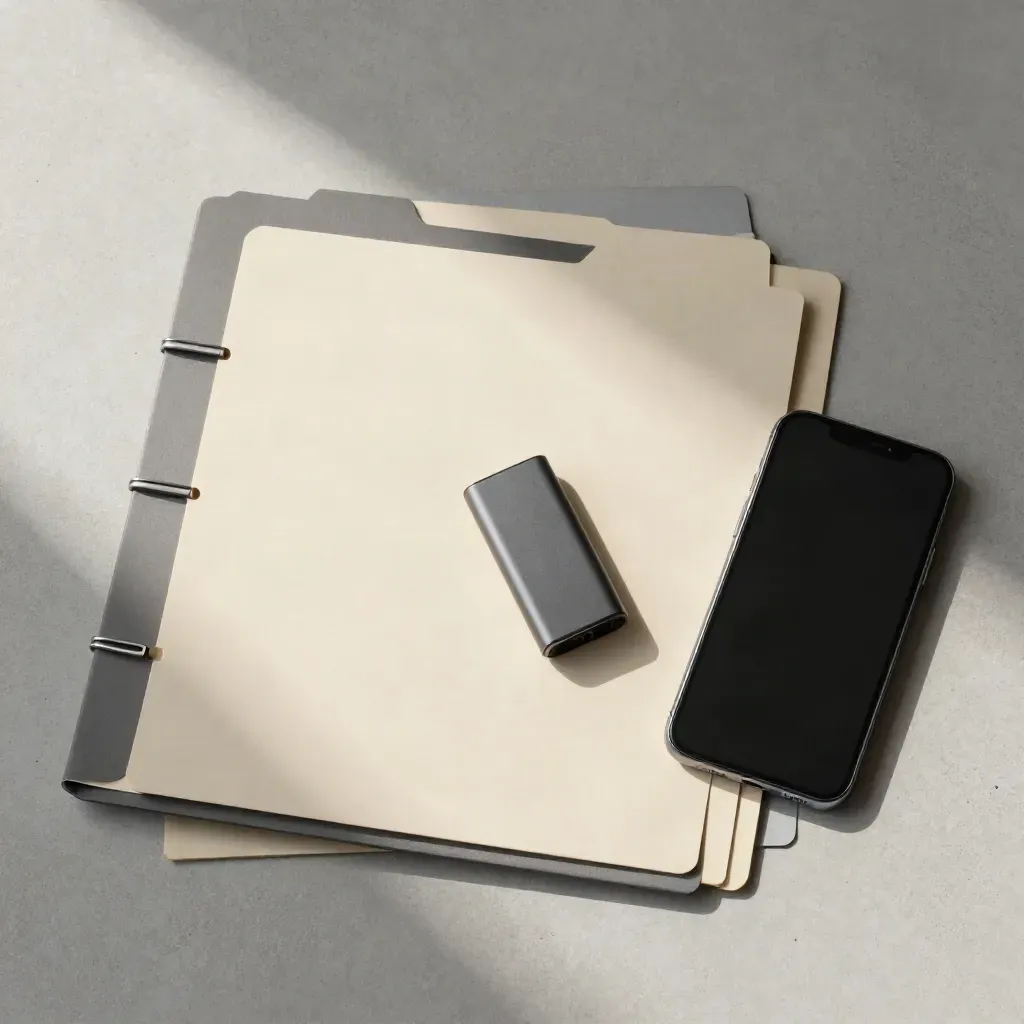 Flache Stillleben mit Ordnern, Kabelbindern, Smartphone und kleinem externen Laufwerk auf Stein.