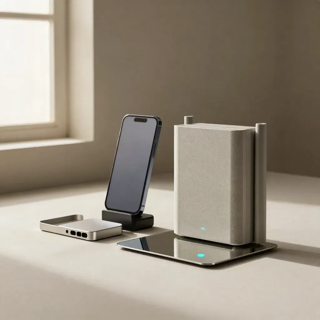 Smartphone auf Ständer, Routerbox und cyanfarbenes Statuslicht auf hellem Putz.