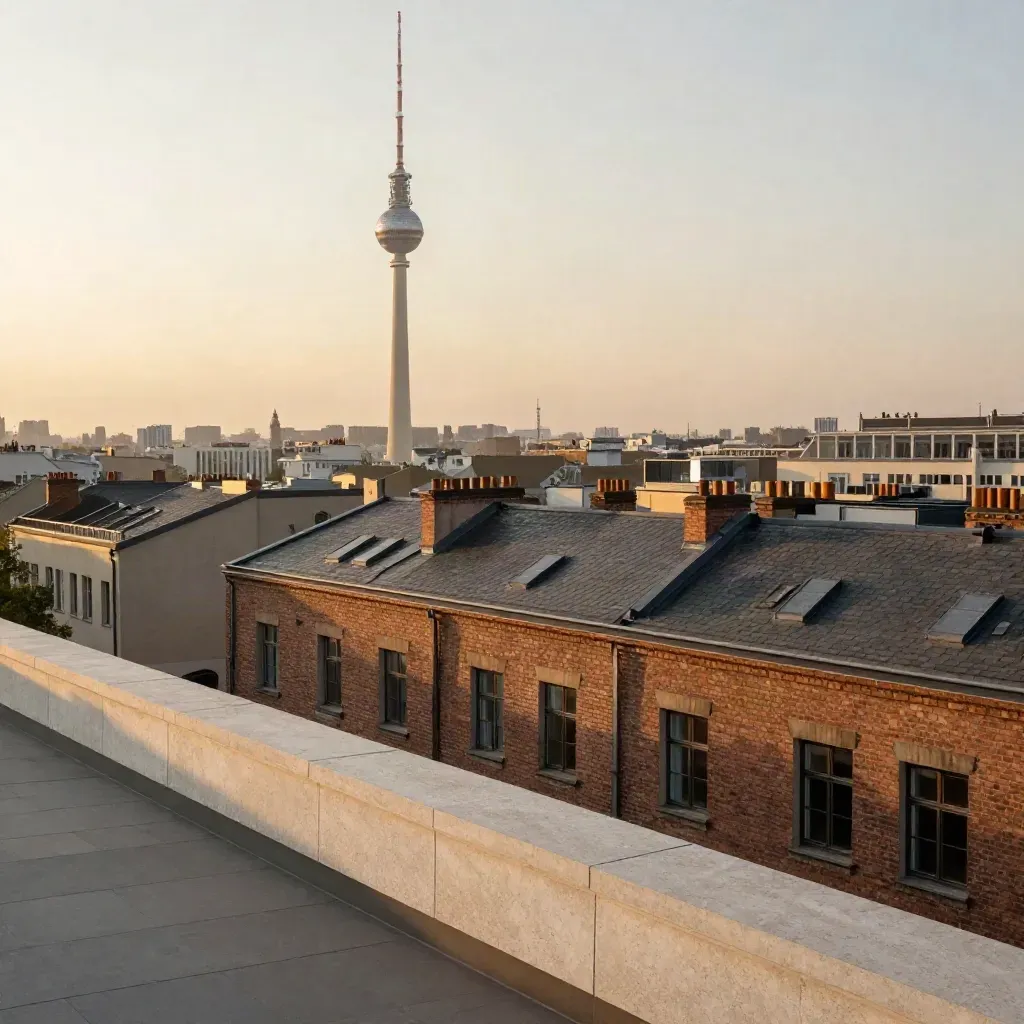 Berliner Dächer im Abendlicht mit Fernsehturm über ruhigen, vernebelten Fassaden
