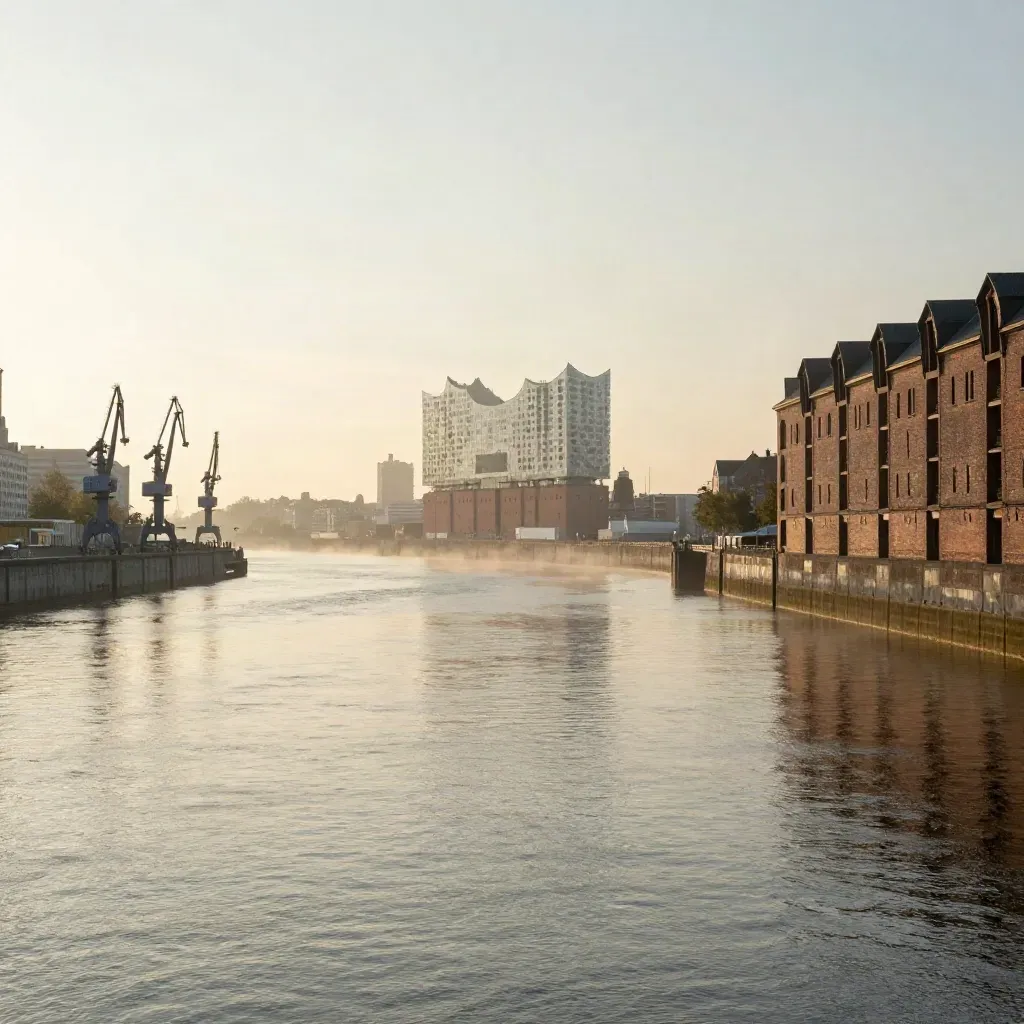 Elbe bei Hamburg im Goldlicht mit Hafenkränen, Speicherstadt und Elbphilharmonie im Dunst.