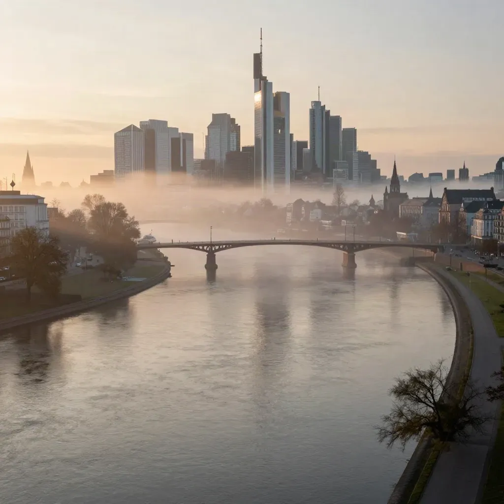 Frankfurter Skyline über dem Main im Morgennebel, weit und ruhig mit Brückenlinie