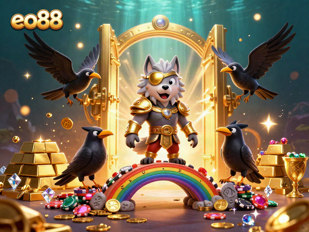 eo88 showcases a vivid 3D Norse-themed casino scene with Odin and ravens amidst treasure