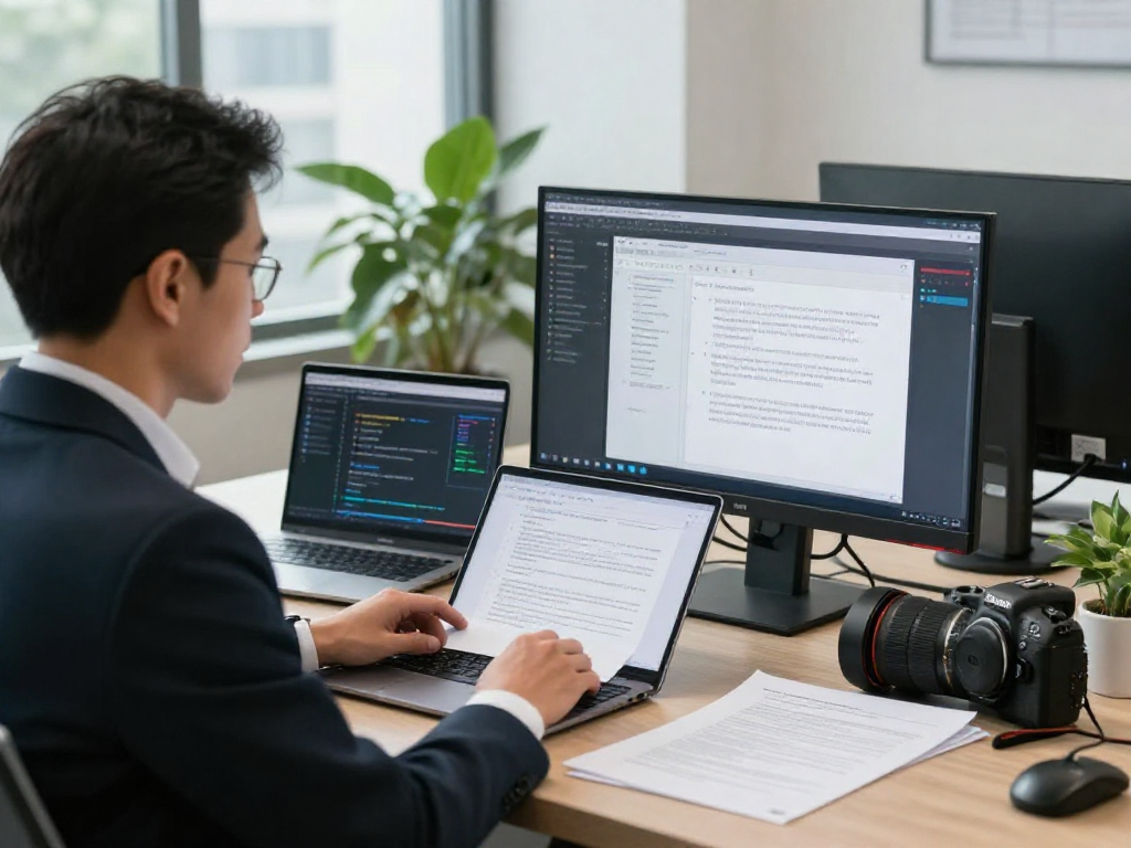 Analyst performing document fraud detection analysis with high-tech tools in a modern office.