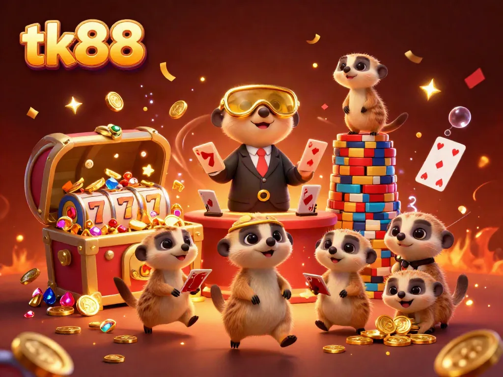 Engage with tk88 in a vibrant 3D casino scene featuring meerkats, slot reels, and gold coins
