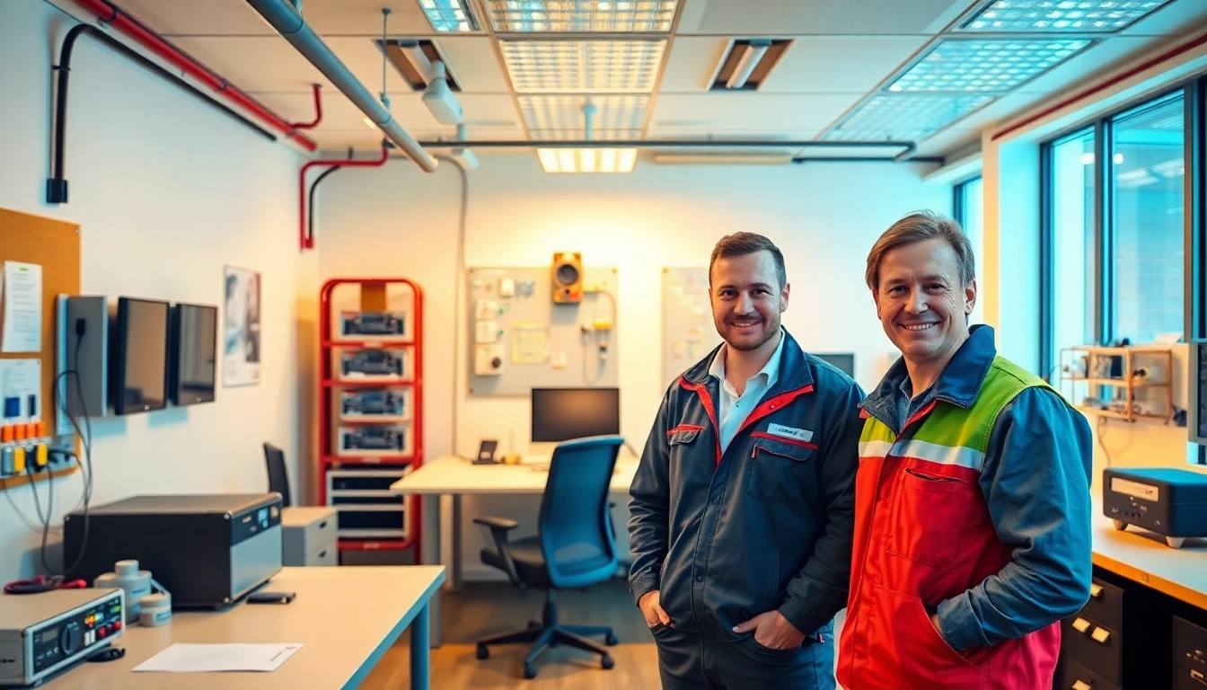 Techniker führt eine DGUV V3 Prüfung an elektrischen Geräten in einem modernen Büro durch.