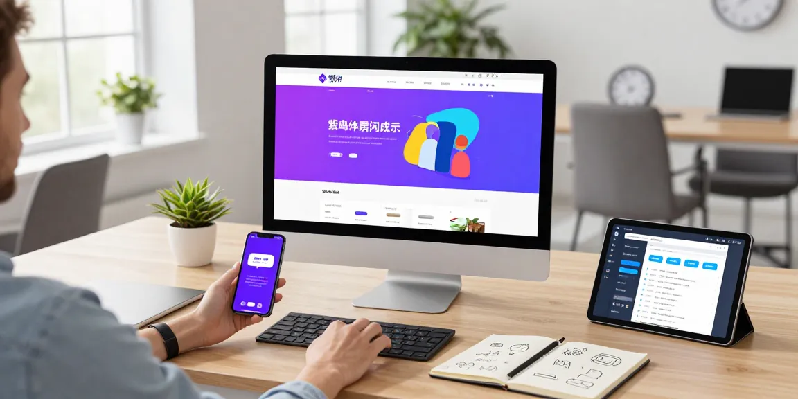 使用紫鸟浏览器的专业用户在现代办公室工作环境中，展现高效的浏览体验，周围配备先进的科技设备。