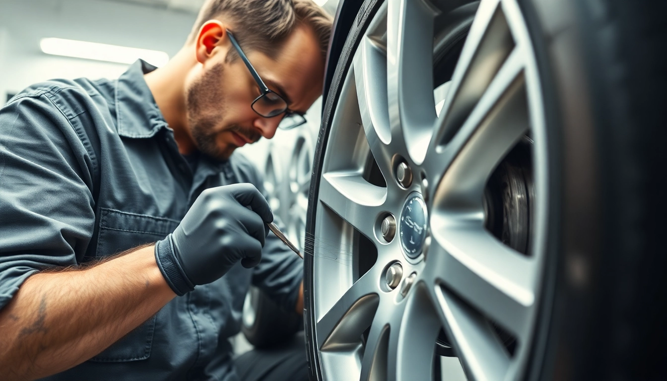 Präzise Alufelge Kratzer Reparatur München mit einem Techniker in der Werkstatt