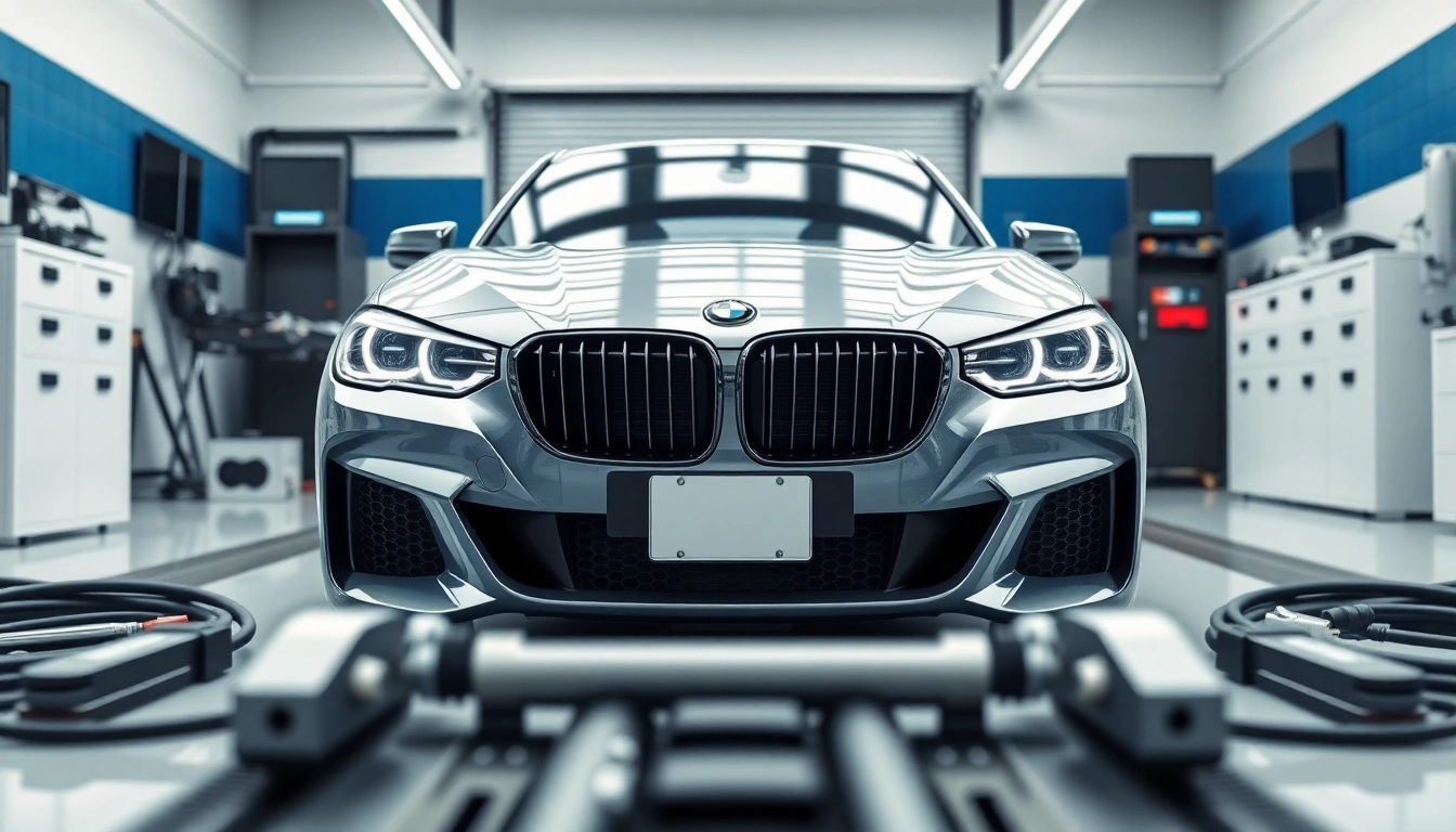 BMW Codierung in einem modernen Workshop mit fortschrittlichen Tools und einem eleganten BMW.