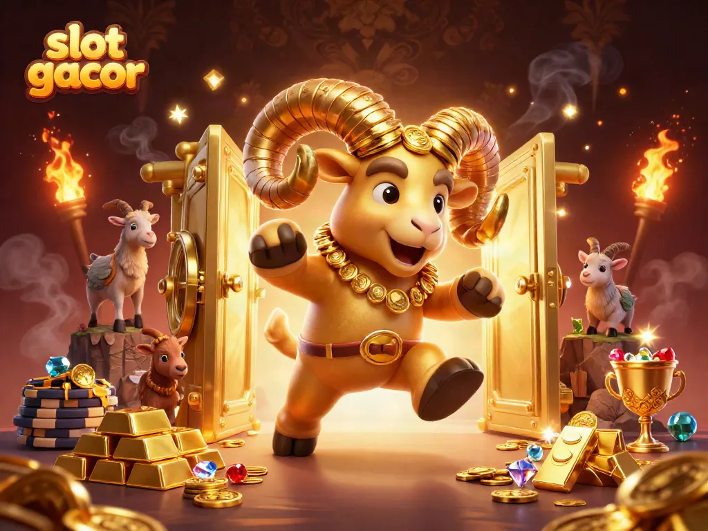 Experience the excitement of slot gacor with a golden ram bursting through treasure-filled gates!