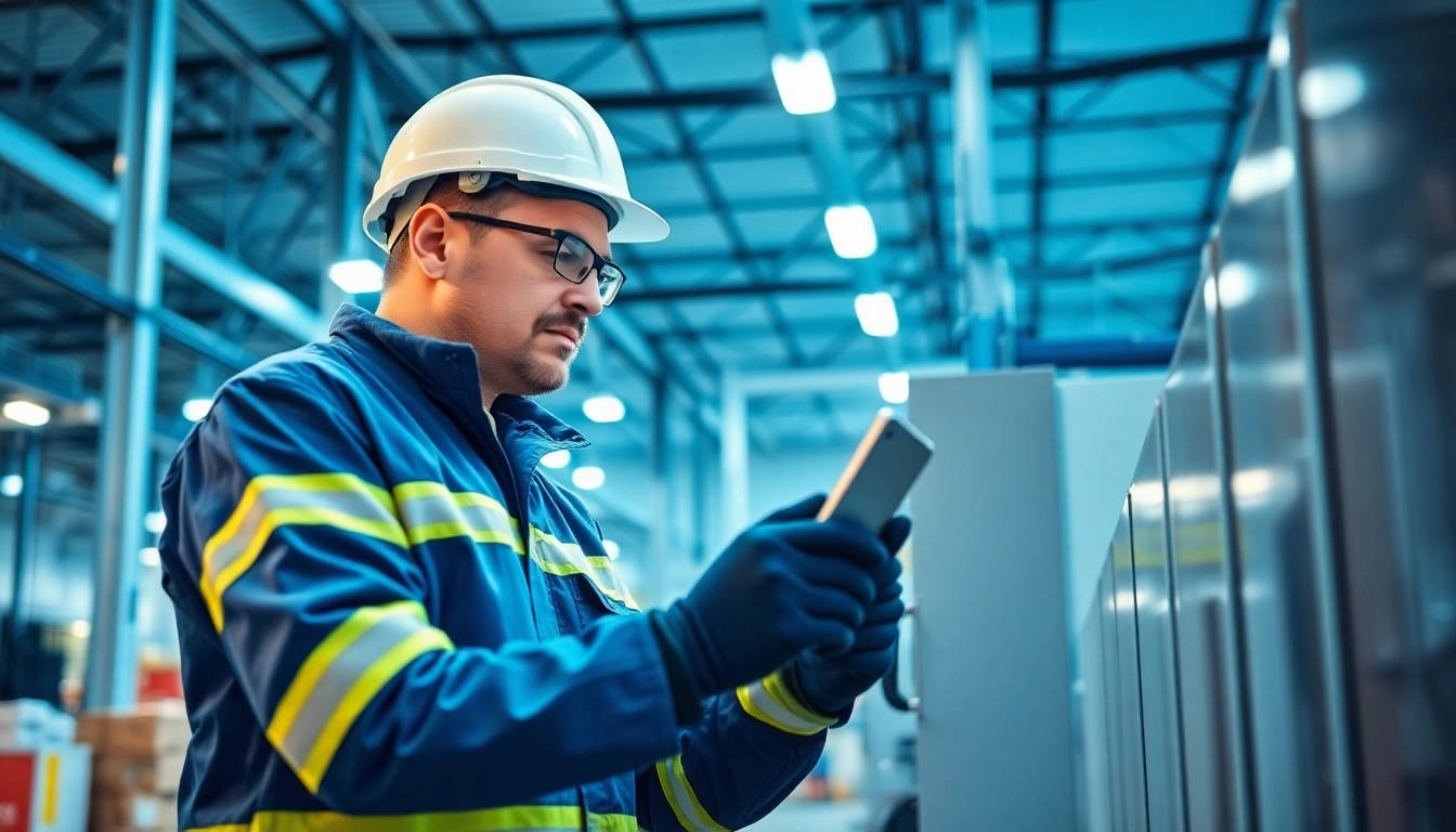 Technician conducting a DGUV V3 Prüfung inspection on electrical equipment in a warehouse.