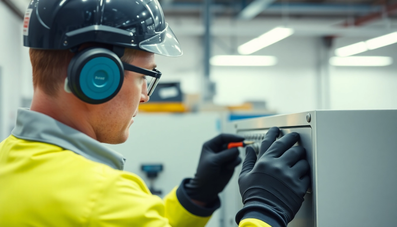 Technician conducting a DGUV V3 Prüfung on electrical equipment in a well-lit workshop.