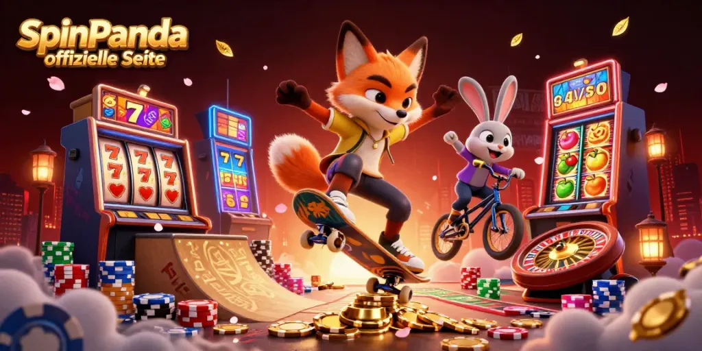 Erlebe die dynamische Welt von SpinPanda offizielle Seite mit einem skateboardenden Fuchs und einem BMX-Hase, umgeben von Spielautomaten.