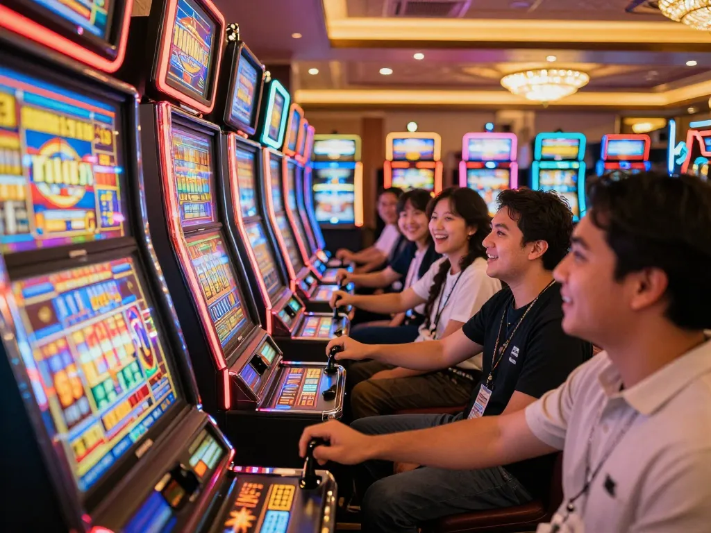 Players engaging with F168 slot machines, celebrating wins in vibrant casino atmosphere