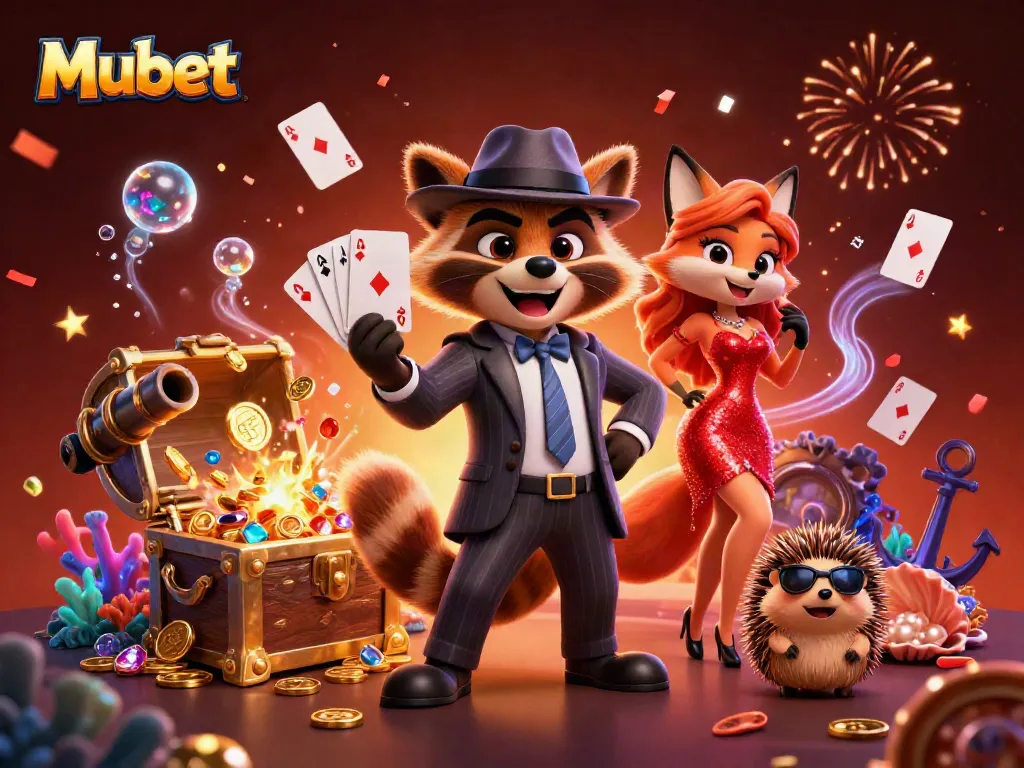 Mubet features a suave raccoon, a charming fox, and a hedgehog bouncer celebrating wins in a vibrant casino scene.