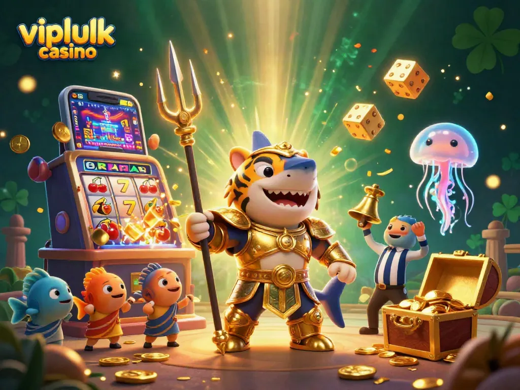 Experience the thrill of vipluck casino with vibrant 3D illustration of a shark in gladiator armor amidst a jackpot explosion.