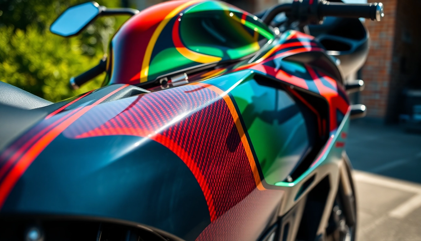 Motorrad folie kaufen - Stylish motorcycle wrap showcasing glossy carbon fiber texture for personalized bike design.