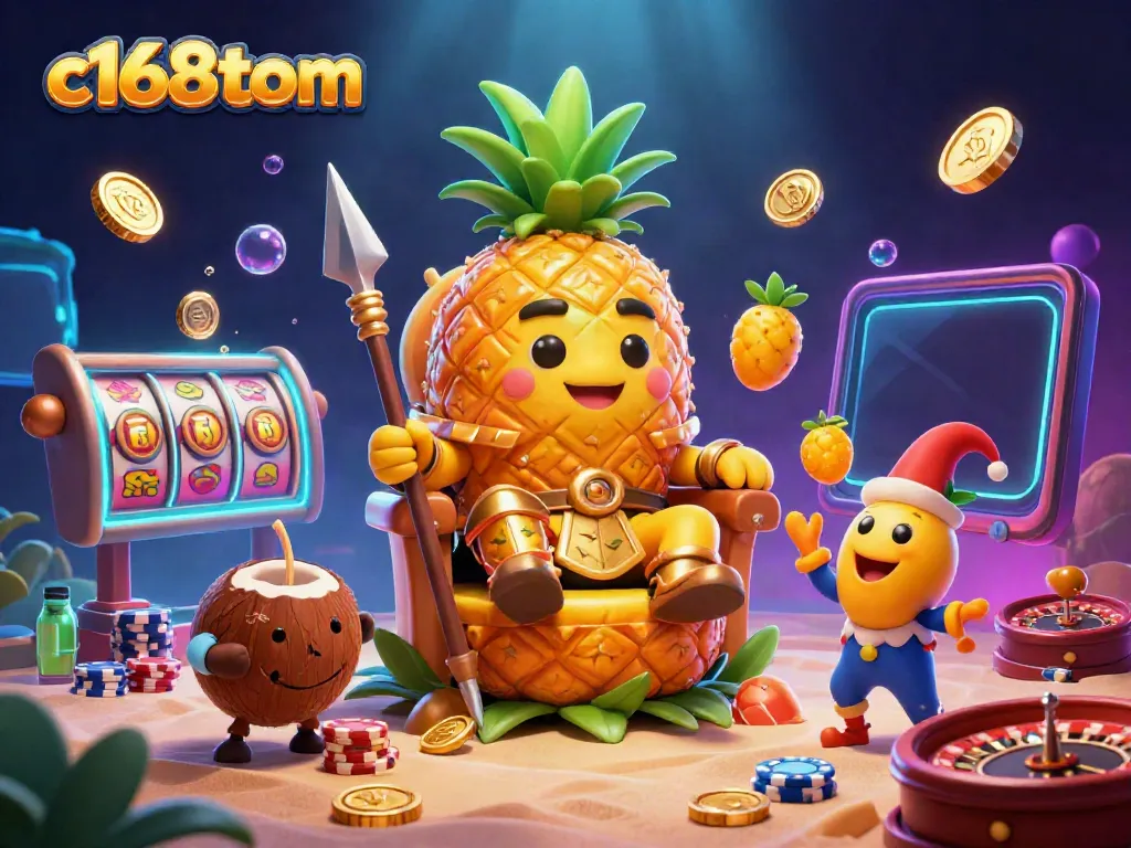 Experience c168tom's vibrant casino scene with a golden pineapple king and jam-packed gaming elements.