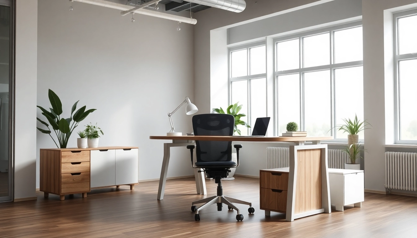 Modernes Büromöbel-Setup mit ergonomischem Stuhl und Schreibtisch in hellem Büro.