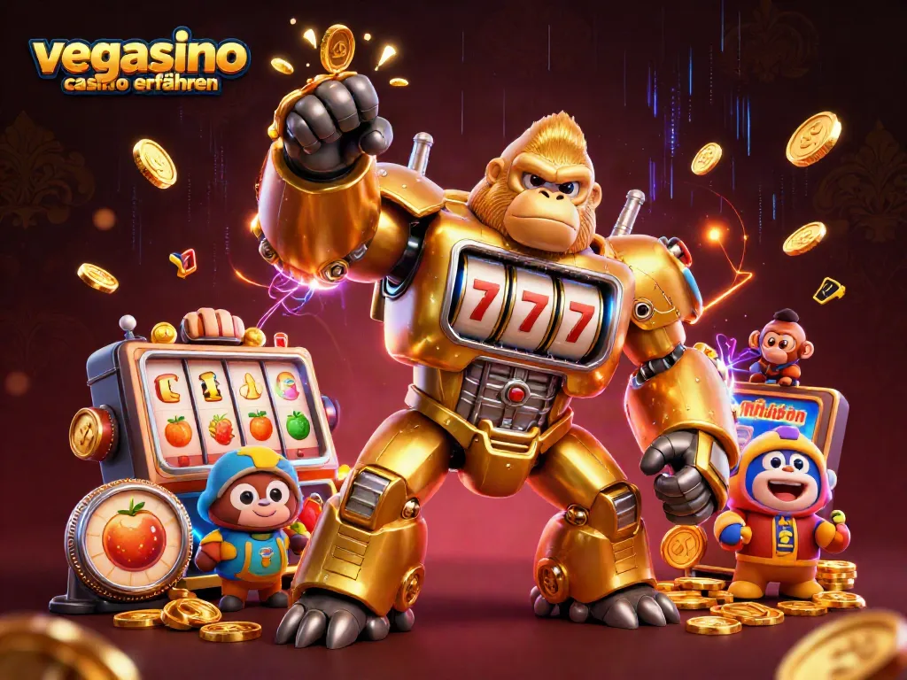 Experience vibrant Vegasino casino erfahrungen in a dynamic 3D scene with lively slot elements.