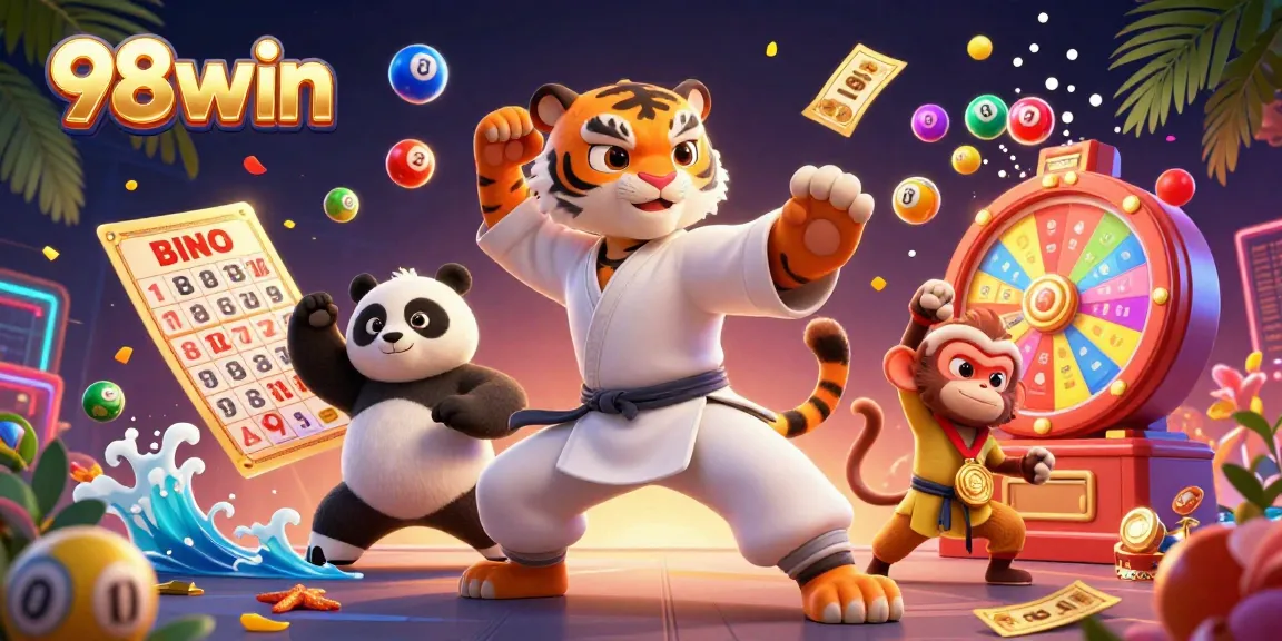 Experience thrilling wins at 98win as colorful lottery elements and dynamic characters create an exciting casino scene.