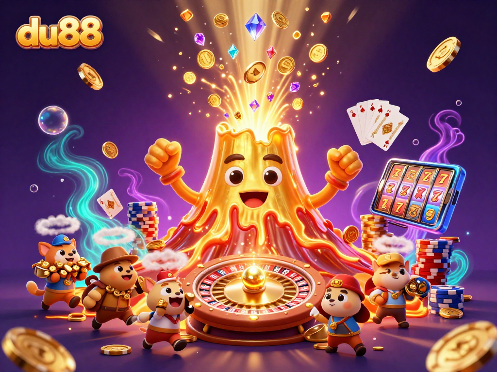 du88 creates a thrilling casino experience with a golden volcano erupting treasure amidst action-packed gaming elements.