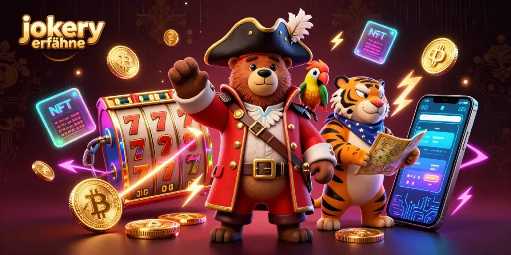 Experience vibrant jokery erfahrungen with a dynamic casino-themed illustration featuring cartoon characters and gaming elements.